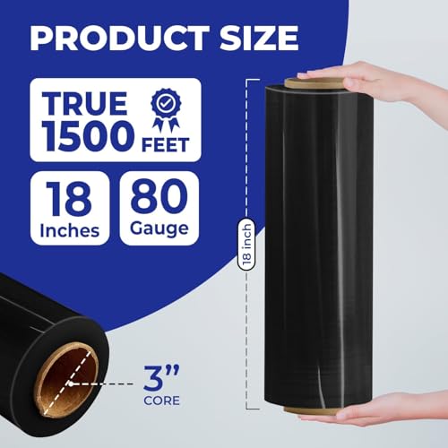 Rosmonde Bulk Black Plastic Wrap, 18" x 1500 ft, 20 Rolls Pack, 80 Gauge - color: Black, size: 20 Pack