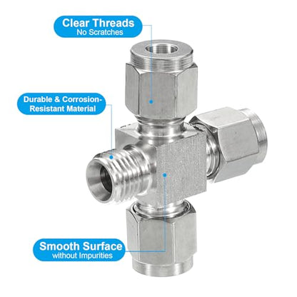 PATIKIL 304 Stainless Steel Cross Compression Tube Fitting 6.4mm, 1/4" ID, Pipes Adapter for Water Garden Irrigation System, Silver - size: 0.25 Inch