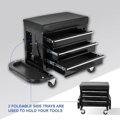 3-Drawer Tool Chest Rolling Mechanic Seat with Tool Trays, Rolling Tool Chest for Mechanics - Heavy-Duty Steel Construction, Padded Seat, Storage Tank, 350lbs Max Weight Capacity - color: 3-drawer-large