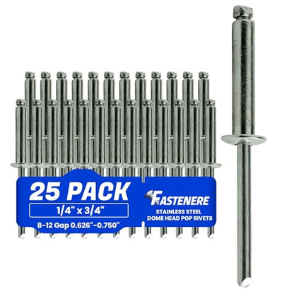 Fastenere Pop Rivets - 1/4" x 3/4" (25pcs) Heavy Duty, Open-End, Stainless Steel, Dome-Head Blind Rivets, Corrosion-Resistant, High Tensile & Shear Strength, 8-12 Gap 0.626"-0.750" - size: 1/4" x 3/4" (8-12) (25 Pack)