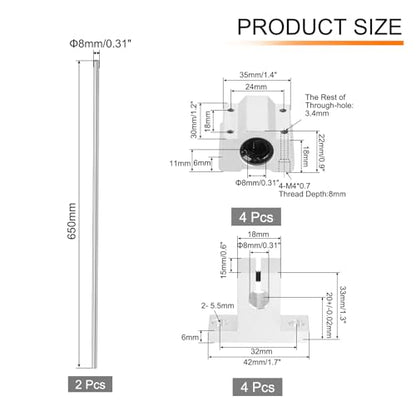 uxcell 2 Pcs 8mm x 650mm Linear Motion Rail Shaft Slide Guide with 4 Pcs SCS8UU Bearings and 4 Pcs SK8 Rail Support Linear Motion Rod Shaft Guide Set for CNC Machine 3D Printer, Silver - size: 650mm