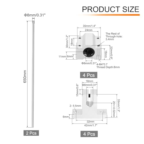 uxcell 2 Pcs 8mm x 650mm Linear Motion Rail Shaft Slide Guide with 4 Pcs SCS8UU Bearings and 4 Pcs SK8 Rail Support Linear Motion Rod Shaft Guide Set for CNC Machine 3D Printer, Silver - size: 650mm