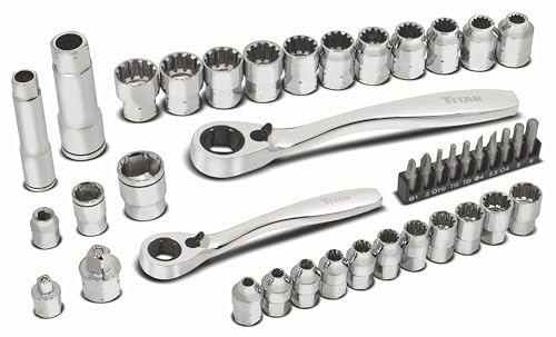 Titan 17441 1/4-Inch & 3/8-Inch Drive 41-Piece ExoDrive Pass-Through Ratchet and Socket Set, Pass-Thru Mechanics Tool Set