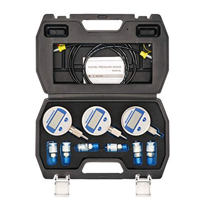 MEASUREMAN Portable Excavator Hydraulic Digital Pressure Test Kit, Includes 6 Test Couplings, 3 Digital Pressure Gauges (3500/6000/9000 PSI), 2 Test Hoses, Packed in Durable Plastic Case - style: Digital Hydraulic Pressure Test Kit（11in1）