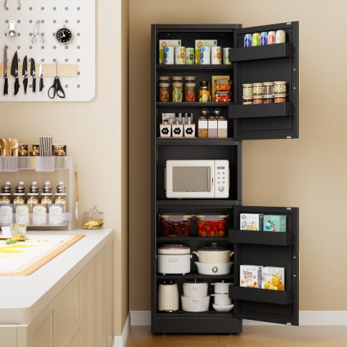 67" Freestanding Metal Pantry Cabinet, Tall Kitchen Food Storage Cupboard - color: Black, size: 15.75"D x 19.68"W x 67"H