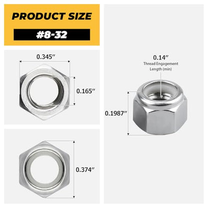 100pk #8-32 Nylon Insert Hex Lock Nuts, 304 SS 18-8, Industrial Grade A2 - color: Silver, size: #8-32
