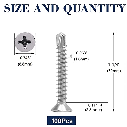 #10 x 1-1/4" Sheet Metal Screws 100Pcs 410 Stainless Steel Flat Head Tek Screws Fast Self Tapping Screws by SG TZH - size: #10 x 1-1/4"