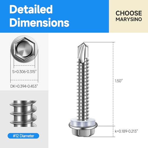 Self Tapping Screws for Metal 50Pcs #12 x 1-1/2" Sheet Metal Screws, 410 Stainless Steel Hex Head Self Drilling Screws for Metal Plastic Wood, High-Strength Quick Self-Tapping Screws by Marysino - color: Silver (#12), size: 1-1/2"