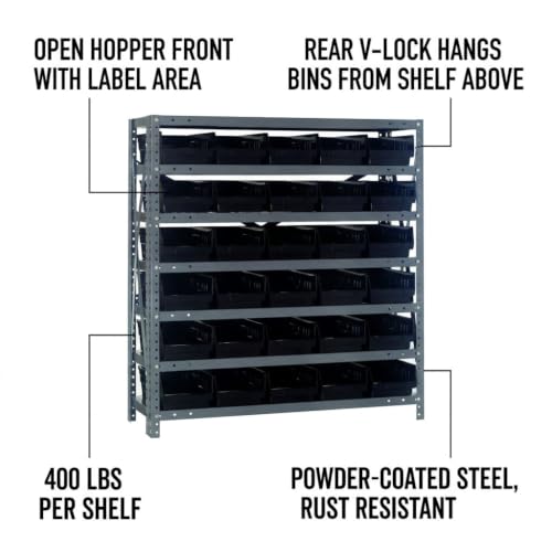 Quantum Storage 1239-102 Steel Shelf Bin Organizer System, 30 4"H Hopper-Front Bins, 7-Shelf Unit, 400 lb Per Shelf, for Warehouse, Shop, Garage & Stockroom, 12"D x 36"W x 39"H, Black - size: 39" H x 36" W x 12" D, style: 12" L x 7" W x 4" H 30 Economy Bl