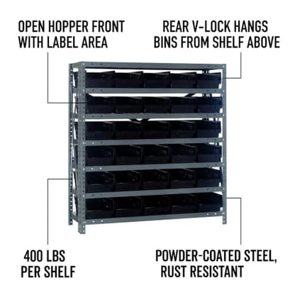 Quantum Storage 1239-102 Steel Shelf Bin Organizer System, 30 4"H Hopper-Front Bins, 7-Shelf Unit, 400 lb Per Shelf, for Warehouse, Shop, Garage & Stockroom, 12"D x 36"W x 39"H, Black - size: 39" H x 36" W x 12" D, style: 12" L x 7" W x 4" H 30 Economy Bl