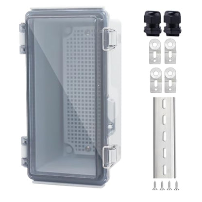 IP67 Waterproof Junction Box, ABS Plastic Electrical Enclosure with Stainless Steel Latch, Hinged Cover Electric Box with Mounting Plate, Wall Brackets & Cable Glands 200x100x110 - color: Clear, size: 7.9"x3.9"x4.3"