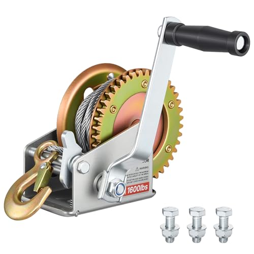 VEVOR Boat Winch, 1600 lbs Hand Winch, Heavy Duty Manual Rope Crank with 32.8ft Steel Wire, Portable Two-Way Ratchet, Anti-Slip Handle, Easy Installation Gear for Boat Trailer ATV Towing - size: 1600 lbs