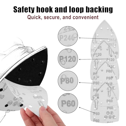 30pcs Sander Replacement Pads, 60/80/120/240 Grit Mixed Sandpaper with Hook & Loop Back 11-Hole Design for Detail Mouse Sanders Compatible with SKIL