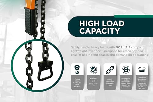 GORILA Manual Lever Hoist 360° | Manual Ratchet Chain Puller Hoist | 3300LBS - 10FT (1,5 Ton - 3 Meters) | Safety Factor 4:1 | Since 1989 - size: 3300lbs - 10ft / 1,5t - 3m