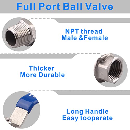 DERNORD 2 Pack Full Port Ball Valve 1/2 Inch - Male x Female Stainless Steel 304 Heavy Duty for Water, Oil, and Gas, 1000WOG - size: 1/2 Inch NPT, style: Pack of 2