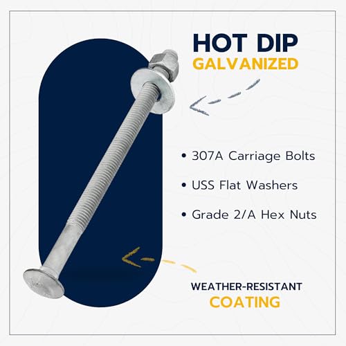 3/8" x 9" (50 Pack) Galvanized Carriage Bolt Kit, Grade 307A, Hot Dip Galvanized for Exterior Use by Makers Bolt - size: 3/8 x 9