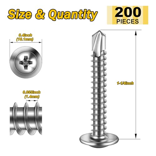 Mywish 200pcs #8×1-1/4" Self Tapping Screws for Metal, Sheet Metal Screw 410 Stainless Steel Truss Head Self Drilling Screws High-Strength Quick Tapping Screw - color: Silver, size: #8x1-1/4" (200 pcs)