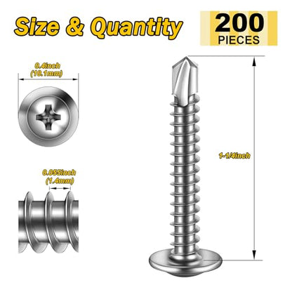 Mywish 200pcs #8×1-1/4" Self Tapping Screws for Metal, Sheet Metal Screw 410 Stainless Steel Truss Head Self Drilling Screws High-Strength Quick Tapping Screw - color: Silver, size: #8x1-1/4" (200 pcs)