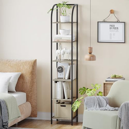 Hzuaneri Bookshelf Narrow Bookcase, Tall Storage Rack with Steel Frame - color: Greige, size: 11.8 × 13.2 × 71.9 inch