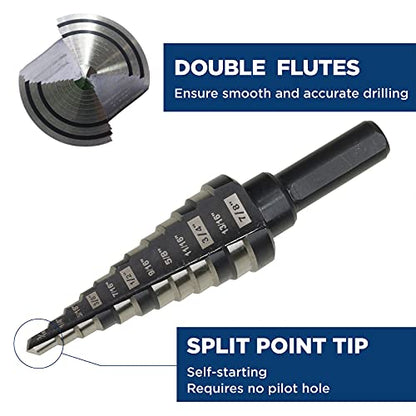 M2 HSS Step Drill Bit Unibit, 3/16"-7/8", Metal Wood Plastic - size: 3/16" to 7/8"