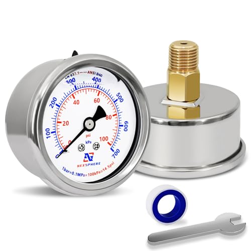 0-100 PSI Air Pressure Gauge, 2" Dial Liquid Filled Back Mount Gauge, 1/4" NPT Brass Connection, 304 Stainless Steel Case, IP67 Waterproof, for Air Compressor, Regulator, Gas & Water - size: 0-100 PSI, style: Back Mount