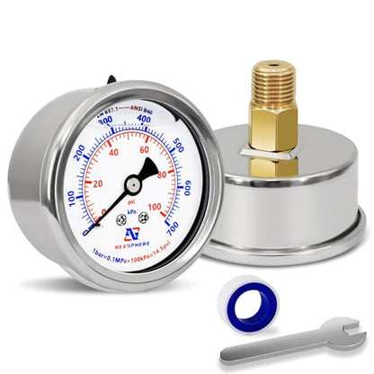0-100 PSI Air Pressure Gauge, 2" Dial Liquid Filled Back Mount Gauge, 1/4" NPT Brass Connection, 304 Stainless Steel Case, IP67 Waterproof, for Air Compressor, Regulator, Gas & Water - size: 0-100 PSI, style: Back Mount