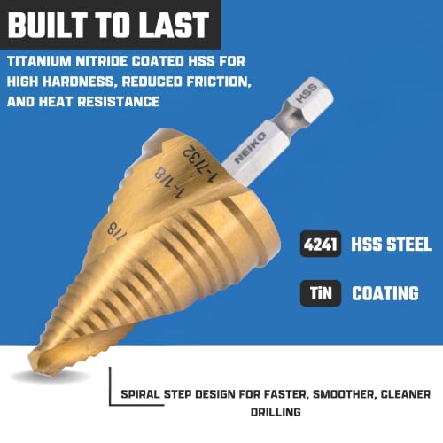 NEIKO 10637A Step Drill Bit, 3 Steps 7/8" to 1-7/32" Spiral High Speed Steel, Titanium Nitride Coated, 1/4” Quick Change Step Bits for Steel, Metal, Wood, Plastic, Unibit Cone Drill Bits, Two Flute - size: #11 (7/8 - 1-7/32", 3S), style: Spiral