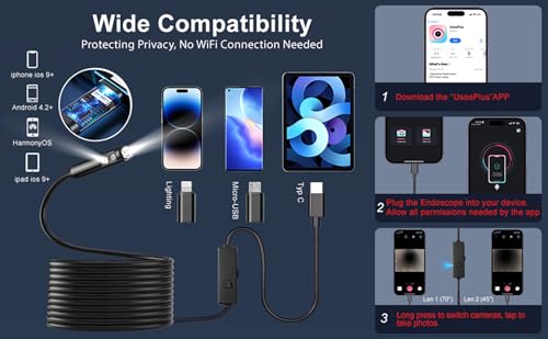 Dual-Lens Endoscope Camera with Light, POLEDY 1920P HD Borescope, 8 Adjustable LED Light, IP67 Waterproof, 16.4ft Snake Camera, Semi-Rigid Cable Inspection for Android, iOS - style: Dual Lens