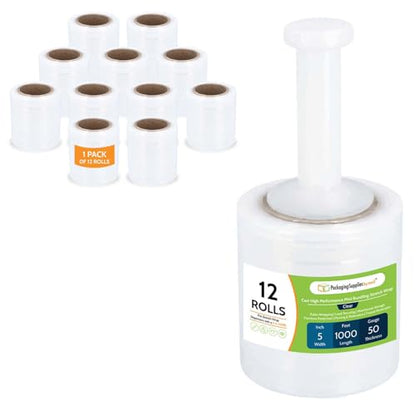 PSBM Mini Stretch Film/Wrap with Plastic Handle 5" x 1000' 50 GA 12 Rolls - size: 5 Inch, style: 50 GA