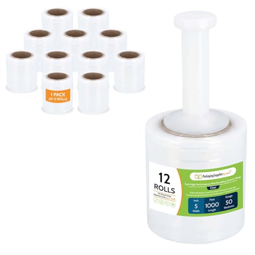 PSBM Mini Stretch Film/Wrap with Plastic Handle 5" x 1000' 50 GA 12 Rolls - size: 5 Inch, style: 50 GA