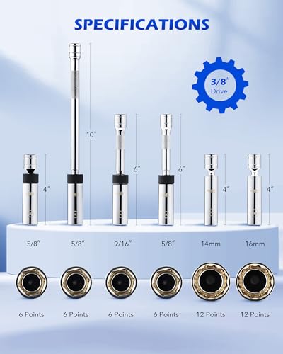 OMT 6pc 3/8" Drive Spark Plug Socket Set with Swivel and Thin Wall - size: 6pc Standard Set