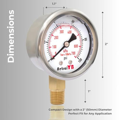 2 Inch Dial Pressure Gauge, 100Psi, Bottom Mount, 2 Pack