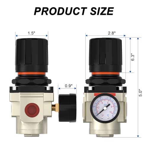 AIRZOE 1/4" NPT Air Pressure Regulator,Compressed Air System,Mini Air Regulator AR3000-02,0-150 PSI Gauge - size: 1/4"NPT AR3000-2