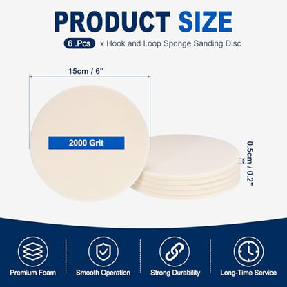 6Pcs 6 Inch Hook and Loop Sponge Sanding Disc, 2000 Grit - size: 6 Inch 2000 Grit
