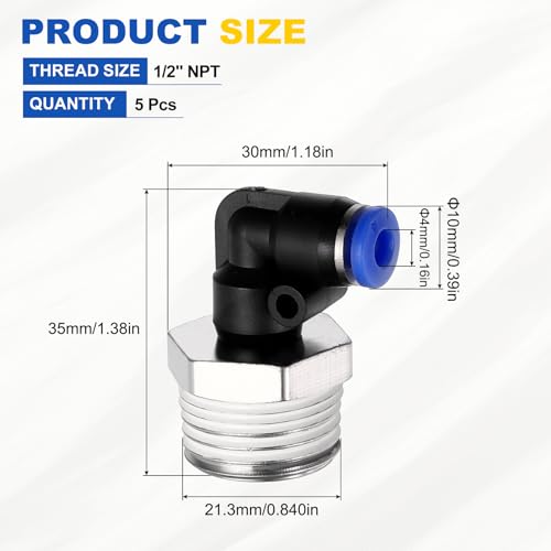 5Pcs Male Elbow Push to Connect Fitting Fit 4mm OD Tube 1/2" NPT - color: Blue, size: 4mm OD x 1/2" NPT
