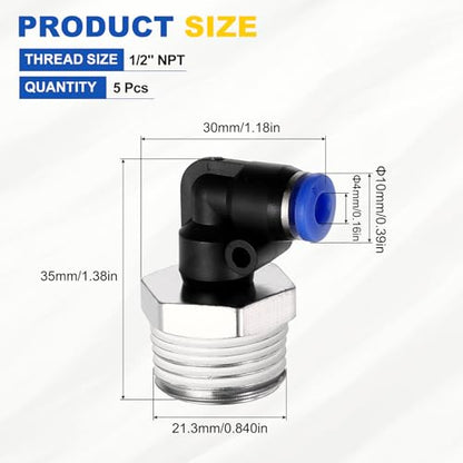 5Pcs Male Elbow Push to Connect Fitting Fit 4mm OD Tube 1/2" NPT - color: Blue, size: 4mm OD x 1/2" NPT