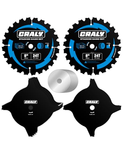 CRALY 8 Inch Carbide Stacked Dado Blade Set, 24 Teeth with 5/8 Inch Arbor, Black Ice™, Adjustable Cutting Sizes for Wood Cutting Table Saw(DADO203-7) - size: 8'' Dado Set