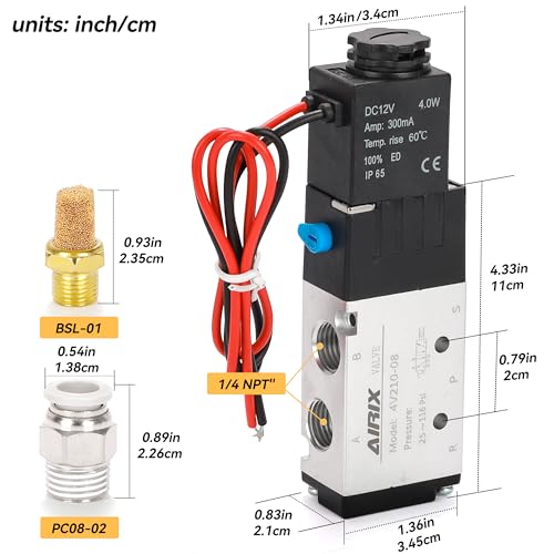 1/4" NPT Solenoid Valve 4V210-08, 5-Way 2-Pos, DC 12V, Out-of-Line - size: NPT1/4″, style: DC12/Out of line
