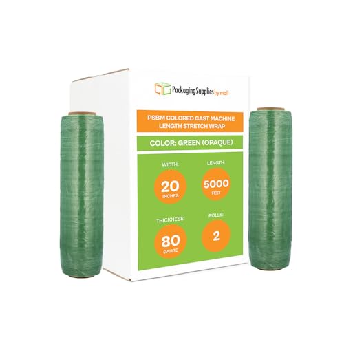 PSBM Green Machine Stretch Wrap, 2 Pack, 20 Inch x 5000 Feet, 80 Gauge, Plastic Cling Dark Color Stretch Film Rolls for Packaging Packing Pallets - color: Green, size: 2 Rolls
