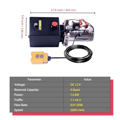 Hydraulic Power Units, 12V DC Hydraulic Pump 4L Iron Hydraulic Power Unit for Car Lifting, Dump Trailer, Industrial Applications - color: Black, size: 12V DC 4QT Iron