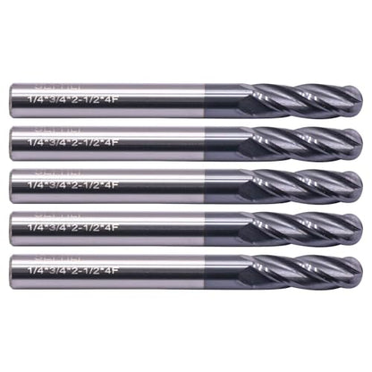 4 Flute Solid Carbide Ball Nose End Mill Set(5Pcs, 1/4"), AlTiN Coated - size: 1/4 in