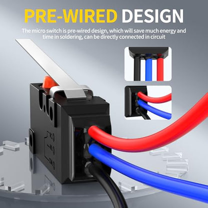 Joinfworld Waterproof Micro Limit Switch with Long Straight Hinge Lever SPDT 3 PIN 10A 125 250V Micorswitch with Pre-Wired for Arduino, Appliance and Electronic - 2Pack - style: WS2-Hinge Lever
