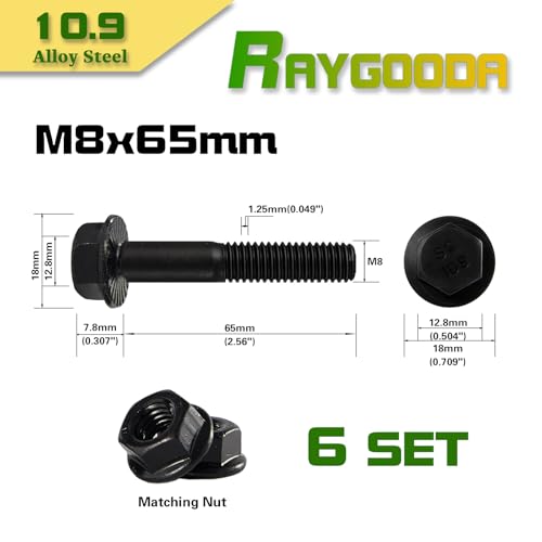 M8-1.25x65mm Flange Bolt and Nut Kit 6set- Grade 10.9 Alloy Steel, Black Zinc,Partially Thread, Serrated Self-Locking, Vibration Resistant for Automotive, Machinery & Heavy Duty - size: M8x65mm(6 Sets）