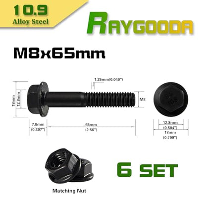 M8-1.25x65mm Flange Bolt and Nut Kit 6set- Grade 10.9 Alloy Steel, Black Zinc,Partially Thread, Serrated Self-Locking, Vibration Resistant for Automotive, Machinery & Heavy Duty - size: M8x65mm(6 Sets）