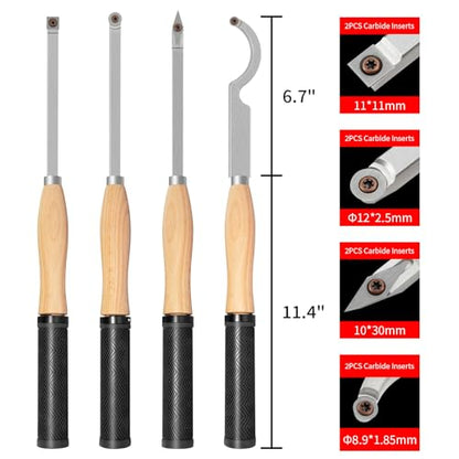 Full Size Carbide Tipped Wood Lathe Turning Tool Set with Rubber Handle