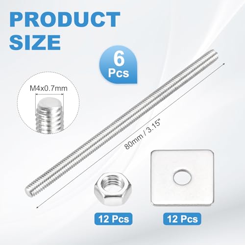 MECCANIXITY 6Set M4x80mm Fully Threaded Rod Threaded Rods Bar Studs - size: M4x80mm