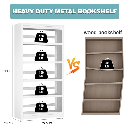 Bookshelf,6-Tier Adjustable Steel Book Shelf,61" H Heavy Duty Metal Bookcase for Home/Office/Garage,White Shelf (White, 61" Tall) - color: White, size: 61"H*27.5"W