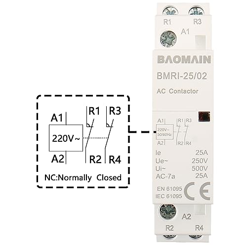 BAOMAIN 220V AC 2-Pole 25A Modular Contactor, 2NC, DIN Rail Mount