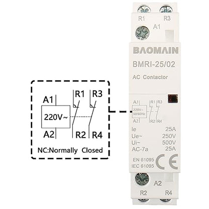 BAOMAIN 220V AC 2-Pole 25A Modular Contactor, 2NC, DIN Rail Mount