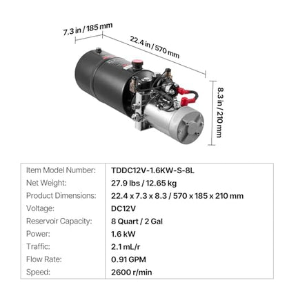 VEVOR 8 Quart Hydraulic Power Unit, Double Acting Dump Trailer Pump, 3200 PSI Max Relief Pressure & 0.91 GPM Flow Rate, DC 12V Hydraulic Pump with Metal Reservoir for Dump Trailer Car Lifting